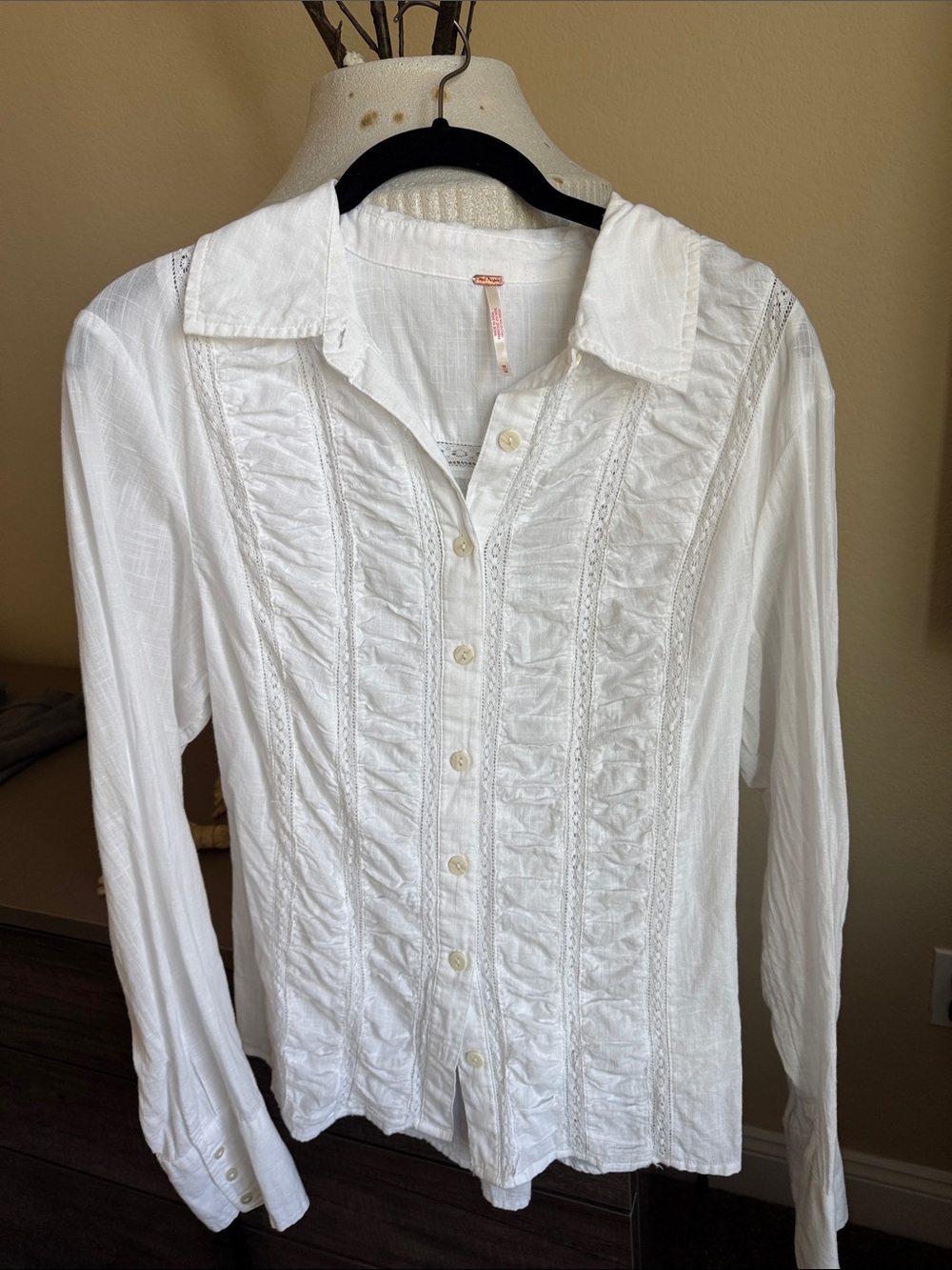 Free People White Button-Down Lace-Panel Shirt